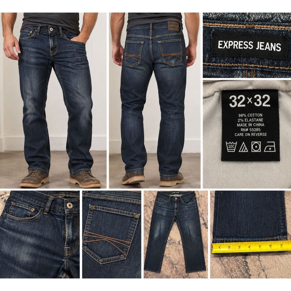 Express Men’s 32x32 Dark Wash Jeans Straight Leg Contrast Stitching